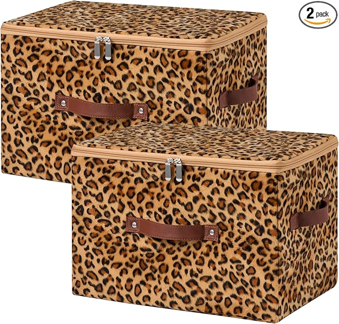 2PCS Storage Bins Boxes with Zipper Lid Leopard Print Cute Velvet Fabric Basket PU Leather Handles PP Plastic Board Foldable Washable Lidded Closet Shelf Organizer Container (Large Size)