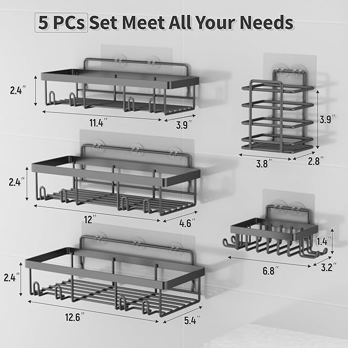 Liuoud 5 Pack Shower Caddy Organizer Rack Shelf for Inside Shower, Self Adhesive Bathroom Wall Storage Basket Rustproof Stainless Steel Large Capacity Shampoo Holder, Dark Grey