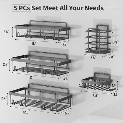 Liuoud 5 Pack Shower Caddy Organizer Rack Shelf for Inside Shower, Self Adhesive Bathroom Wall Storage Basket Rustproof Stainless Steel Large Capacity Shampoo Holder, Dark Grey