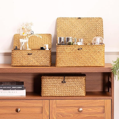 Nonam Storage Basket with Lid, Natural Seagrass Bin with Lid Set of 2, Shelf Baskets Multipurpose Container for Boho Decoration, Rectangular Household Storage Boxes for Home Organization-Natural