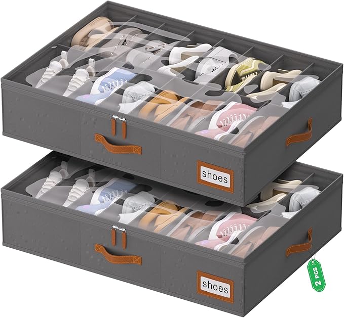 homyfort Shoe Organizer Under Bed, Fits 32 Pairs, Under bed Shoe Storage Boxes with Study Handles and Clear Cover, zapateras organizer for shoes, set of 2