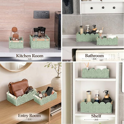 iEGrow Paper Rope Small Storage Baskets for Organizing, Set of 2 Scalloped Edge Wicker Basket with Wooden Handles Toilet Paper Basket for Over Toilet Storage Shelf, Home Decor, Living Room (Green)