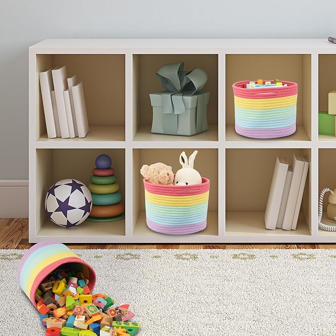 XUANGUO Woven Cotton Rope Storage Baskets - 3-Pack Round Bins for (10x10x7'') Shelves, Closets & Bookcases | Durable Rope Organizers for Nursery, Baby, Gifts, Easter & More (rainbow)