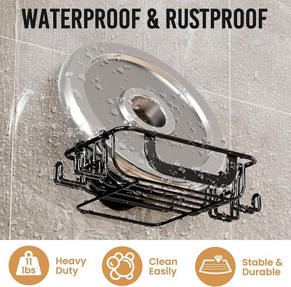 LEVERLOC Soap Holder Shower with Hooks, Bar Suction Cup Soap Dish Tray for Wall, Rust-Proof Stainless Steel Sponge Caddy for Bathroom Accessories Organizer Bathtub Kitchen Sink, Black