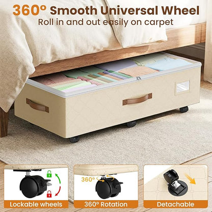 Budding Joy Under Bed Storage with Wheels 2Pack, 80L Height Adjustable Underbed Containers with Clear Lids, Rolling Under Bed Shoe Storage Organizer for Dorm Home Clothes, Blankets, Toys, Beige