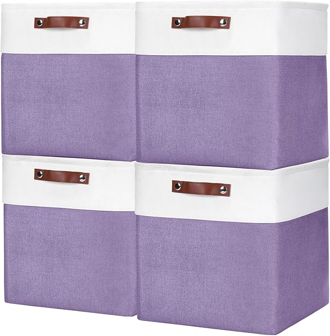 Bagnizer 13x13 Cube Storage Bins, Collapsible Fabric Storage Box, 4 Pack Closet Baskets with Handles for Organizing, Shelf, Toys, Clothes, Home, Office, Nursery (Purple&White)