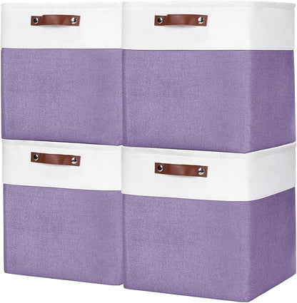 Bagnizer 13x13 Cube Storage Bins, Collapsible Fabric Storage Box, 4 Pack Closet Baskets with Handles for Organizing, Shelf, Toys, Clothes, Home, Office, Nursery (Purple&White)