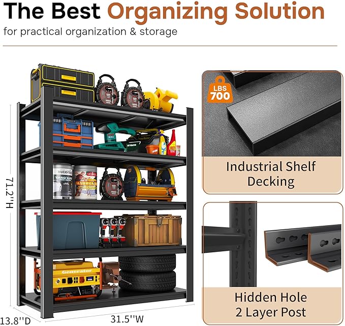 71''H Garage Shelving Heavy Duty 5-Tier Adjustable Storage Shelves Unit, Metal Utility Rack Shelf for Industries, Warehouses, Basement,Black