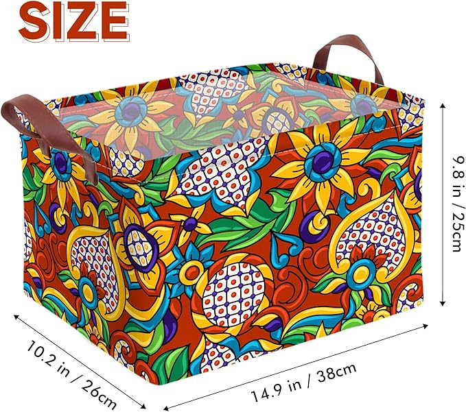 Mexican Talavera Storage Basket Waterproof Canvas Toy Storage Bin Mexican Decor Collapsible Outdoor Basket with Leather Handles Talavera Decor Blanket Baskets For Closets,Bedrooms,Gifts Baskets