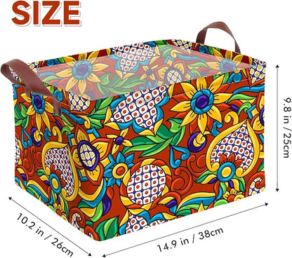 Mexican Talavera Storage Basket Waterproof Canvas Toy Storage Bin Mexican Decor Collapsible Outdoor Basket with Leather Handles Talavera Decor Blanket Baskets For Closets,Bedrooms,Gifts Baskets