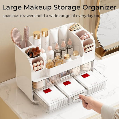 Makeup Organizer for Vanity with 2 Large Drawers, Cosmetic Display Case with Brush Holders, Easy to Storage for Bathroom Countertop Skincare, Perfume, White