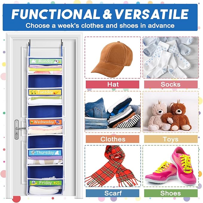 2 Pack 5 Shelf Weekly Clothes Organizer for Kids Over the Door Hanging Storage Monday through Friday Heavy Duty Clothes Organization for Bathroom Nursery Bathroom Kitchen(Blue)