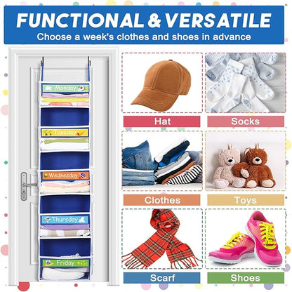 2 Pack 5 Shelf Weekly Clothes Organizer for Kids Over the Door Hanging Storage Monday through Friday Heavy Duty Clothes Organization for Bathroom Nursery Bathroom Kitchen(Blue)