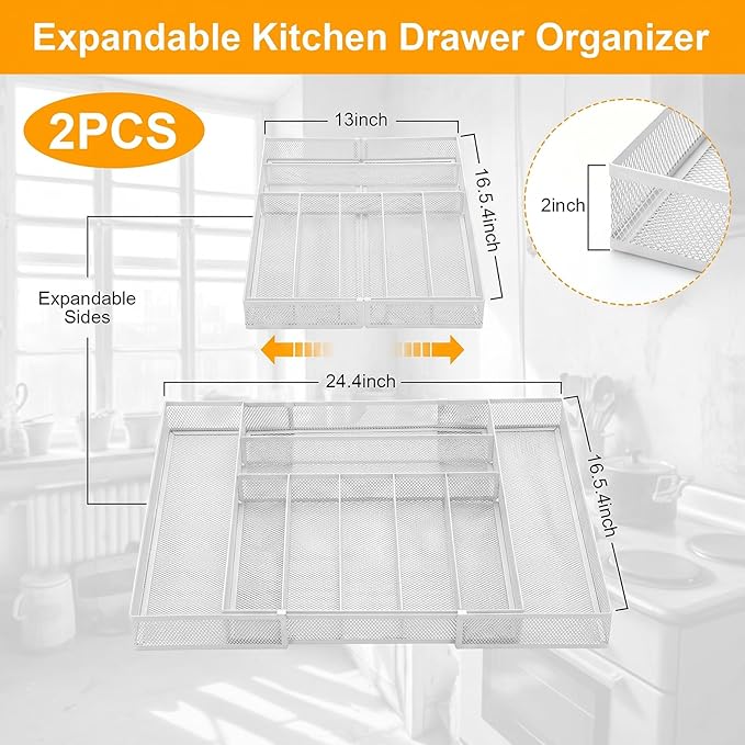 2 Pcs Utensil Drawer Silverware Organizer, Metal Mesh Expandable 13" 24" Kitchen Drawer Organizer, 7-9 Slots Cutlery Tray Dividers for Kitchen Flatware Christmas Housewarming Gift (White)