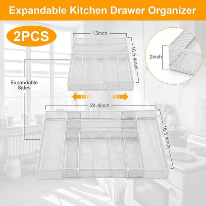 2 Pcs Utensil Drawer Silverware Organizer, Metal Mesh Expandable 13" 24" Kitchen Drawer Organizer, 7-9 Slots Cutlery Tray Dividers for Kitchen Flatware Christmas Housewarming Gift (White)