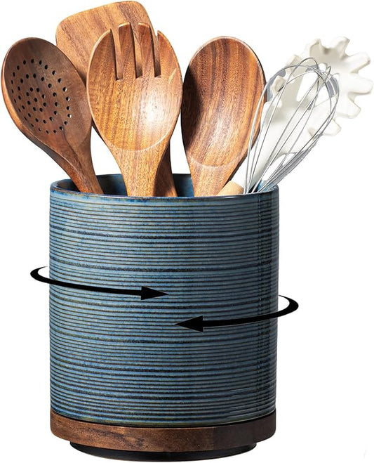 Utensil Holder, 360° Rotating Extra Large Ceramic Kitchen Utensil Holder for Countertop, 7.3“ Cooking Utensil Crocks for Kitchen Counter with Rotatable Wooden Base, Farmhouse Decor, Dusty Blue