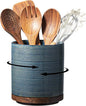 Utensil Holder, 360° Rotating Extra Large Ceramic Kitchen Utensil Holder for Countertop, 7.3“ Cooking Utensil Crocks for Kitchen Counter with Rotatable Wooden Base, Farmhouse Decor, Dusty Blue