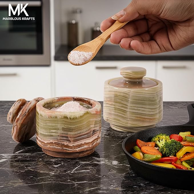 MARBLOUS KRAFTS Green Onyx 3" Small Salt Cellar Set of 2 Handmade Marble Salt Container with Lid for Countertop, Spice Jar, Sugar Bowl, Salt & Pepper Holder, Kitchen Gift