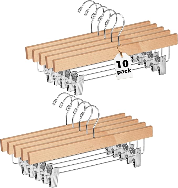 Quality Hangers Wooden Pants Hangers - 10-Pack Swivel Hook Cloth Hanger Set - Lotus Wood Skirt, Pant, Shorts and Slack Hangers with Adjustable Clip - Natural Clothing Hanger Set in 6 Modern Colors