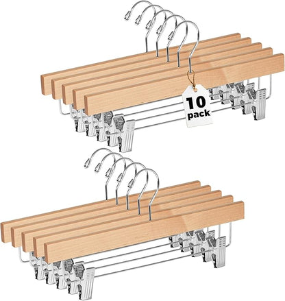 Quality Hangers Wooden Pants Hangers - 10-Pack Swivel Hook Cloth Hanger Set - Lotus Wood Skirt, Pant, Shorts and Slack Hangers with Adjustable Clip - Natural Clothing Hanger Set in 6 Modern Colors