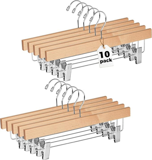 Quality Hangers Wooden Pants Hangers - 10-Pack Swivel Hook Cloth Hanger Set - Lotus Wood Skirt, Pant, Shorts and Slack Hangers with Adjustable Clip - Natural Clothing Hanger Set in 6 Modern Colors