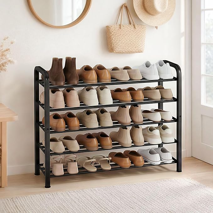 STORAGE MANIAC 5-Tier Expandable Shoe Rack, 20 Pairs Adjustable Shoe Shelf for Closet, Entryway, Hallway, Garage, Dorm, Heavy-Duty Metal Shoe Organizer for Small Space, Black