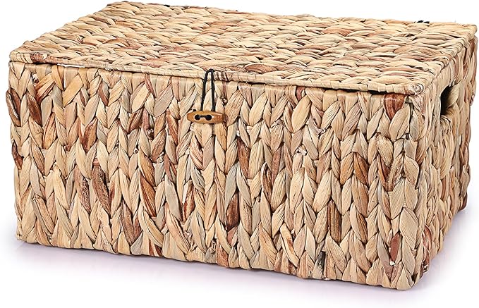 Hipiwe Wicker Storage Basket Bins with Lid, Large Water Hyacinth Baskets Box Rectangular Decorative Shelf Baskets Bin with Handles Handwoven Household Basket Boxes for Shelf Home Organizing