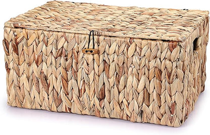 Hipiwe Wicker Storage Basket Bins with Lid, Large Water Hyacinth Baskets Box Rectangular Decorative Shelf Baskets Bin with Handles Handwoven Household Basket Boxes for Shelf Home Organizing