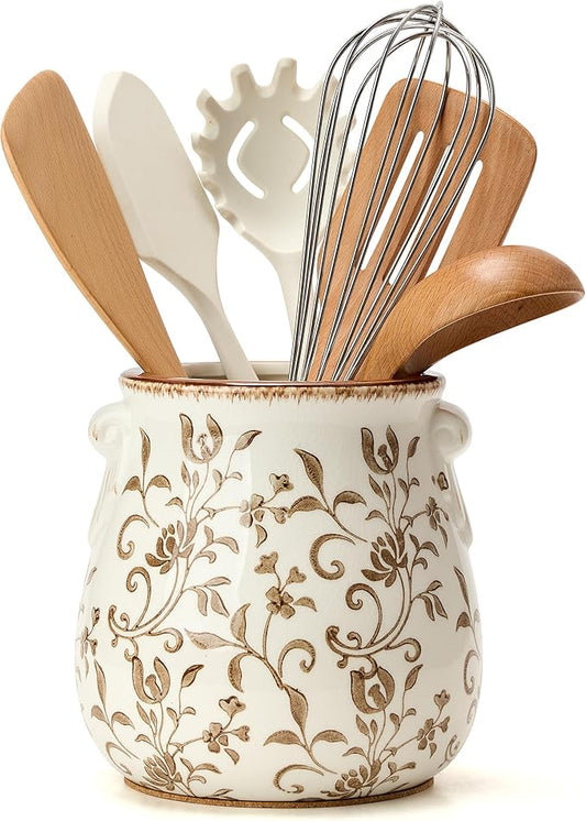 Utensil Holder for Kitchen Counter, Modern Farmhouse Rustic Cooking Utensil Holder and Crock, Exquisite Chinoiserie Floral Ceramic Utensil Organizer for Home Kitchen Decor- Brown Flower Patterns