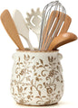 Utensil Holder for Kitchen Counter, Modern Farmhouse Rustic Cooking Utensil Holder and Crock, Exquisite Chinoiserie Floral Ceramic Utensil Organizer for Home Kitchen Decor- Brown Flower Patterns