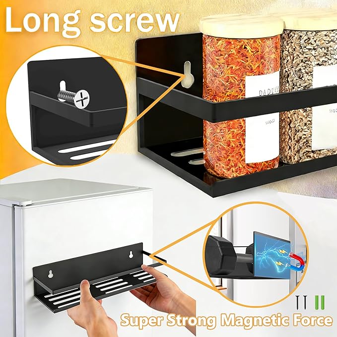SMRCAD Metal Magnetic Spice Rack for Refrigerator, 4 pack Magnetic Shelf for Fridge Space Saving Seasoning Organizer for Any Metal Surface No Drilling Needed (BLACK -cut out, 4pack)