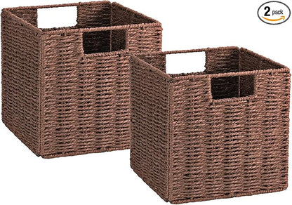 Vagusicc Wicker Storage Basket, Set of 2 Hand-Woven Storage Baskets for Shelves with Handles, Foldable Cube Storage Baskets Bins Organizer, 13 inch Large Wicker Baskets for Pantry Bedroom Decor, Brown