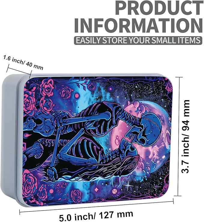 Metal Tin Box Sturdy Metal Storage Box with Lid, Large Container Holder for TCG Cards,Car Keys,Cookies,Tin Containers for Gift,5.0x3.7x1.6 Inch,Exquisite Pattern Design(Skeleton Couple)