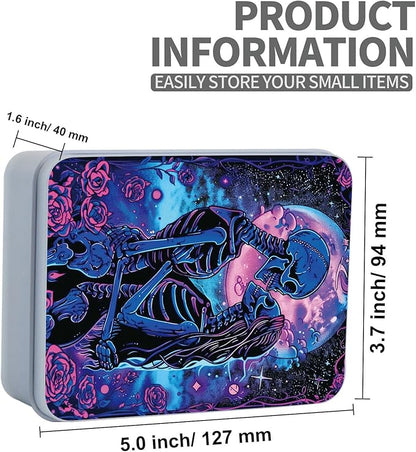 Metal Tin Box Sturdy Metal Storage Box with Lid, Large Container Holder for TCG Cards,Car Keys,Cookies,Tin Containers for Gift,5.0x3.7x1.6 Inch,Exquisite Pattern Design(Skeleton Couple)