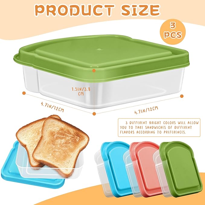 3 Pack Sandwich Containers, Colored Sandwich Boxes for Lunch, Reusable and Easy to Open Fun Sandwich Container (in 3 Colors)