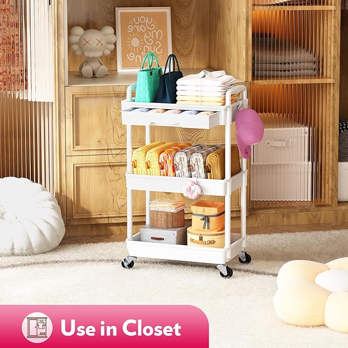 SUNALLY Makeup Cart Organizer with Drawers, Floor Skincare Organizers Vanity Storage Organizer, Rolling Makeup Bathroom Storage Cart Cosmetics Display Cases for Skin Care Perfume Nail Polish, White