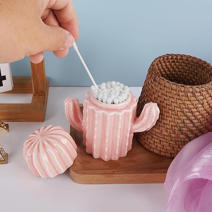 Q-tip Holder, Q-tip Holder Ceramic, Holder Dispenser for Bathroom Canister Storage Organization, for Cotton Ball, Cotton Swab, Floss Picks(Pink)