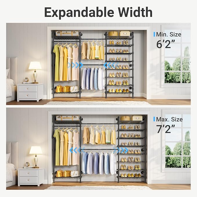 Timate S3 Wall Mounted Closet Organizer with Expandable Hanger Rods (24" to 36"), Heavy Duty Clothes Racks Industrial Wardrobe System with 8-Tier Shelves for Shoe Storage, Max Load 1050lbs, Black