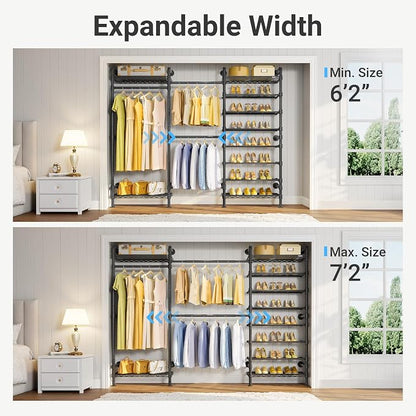Timate S3 Wall Mounted Closet Organizer with Expandable Hanger Rods (24" to 36"), Heavy Duty Clothes Racks Industrial Wardrobe System with 8-Tier Shelves for Shoe Storage, Max Load 1050lbs, Black