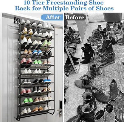AQQHSAIN 10 Tier Over The Door Shoe Organizer Wall Shoe Shelf Shoe Holder Door Shoe Rack for Closet Pantry Hanging Shoes Clothes Toys Storage Shelves (Black)