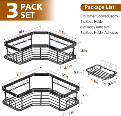 MAXIFFE 3 Pack Corner Shower Caddy with Soap Holder, Large Capacity and Easy Install, No Drilling Shower Shelves, Stainless Steel Shower Organizer Hold 40 LBS for Family Renters, Black