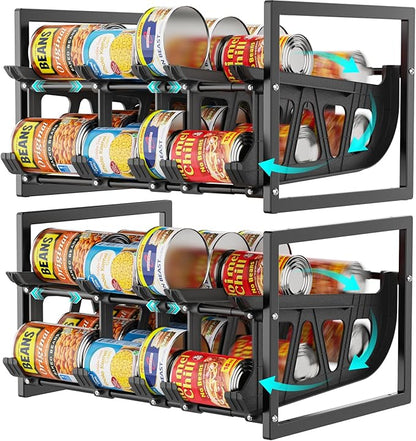iSPECLE Expandable Can Storage Organizer Pantry, 2 Pack Large Capacity 80 Cans Pantry Organizers and Storage, Auto Rolling Dispenser & Stackable Holder for Deep Pantry Shelves, Black