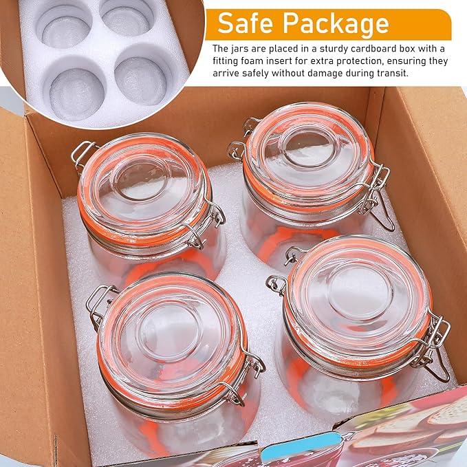 32 oz Wide Mouth Mason Jars with Airtight Hinged Lids, Large Glass Jar with Lid for Pickling, Fermentation, Canning, Food Storage – Set of 4 Glass Storage Containers