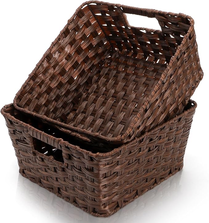 2 Pack Woven Storage Baskets, Large Poly Wicker Organizer Bins for Shelves, Plastic Waterproof Organizing Cube Container, Storage Boxes with Handle for Closet Pantry,12" x 12" x 6"