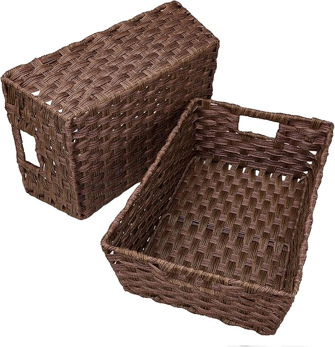 Onlytak Large Wicker Storage Basket, Metal Frame, Set of 2, Washable Waterproof, 15" x 10.3" x 5.2", Brown Color, Woven Basket for Pantry, Toilet, Bathroom, Bedroom, Patio