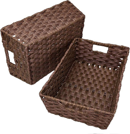 Onlytak Large Wicker Storage Basket, Metal Frame, Set of 2, Washable Waterproof, 15" x 10.3" x 5.2", Brown Color, Woven Basket for Pantry, Toilet, Bathroom, Bedroom, Patio