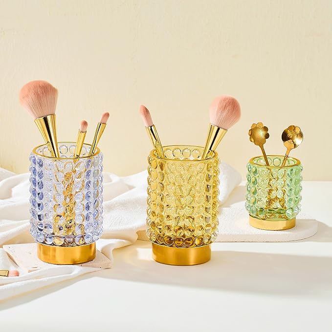Makeup Brush Holder Organizer,Toothbrush Holders,Desk Pen Pencil Holder,Multifunctional Vintage Glass Brush Cup(A38-14-US/Pink/L)