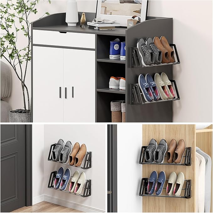 Wall Mounted Shoe Rack, 3 Pack Wall Shoe Rack Holds 6 pairs of shoes with Sticky Adhesive Strips, shoe organizer Space Saving Slim Organizer Racks Wall Mount Shoe Storage for Camper shoe hanger Black