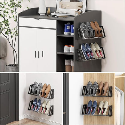 Wall Mounted Shoe Rack, 3 Pack Wall Shoe Rack Holds 6 pairs of shoes with Sticky Adhesive Strips, shoe organizer Space Saving Slim Organizer Racks Wall Mount Shoe Storage for Camper shoe hanger Black