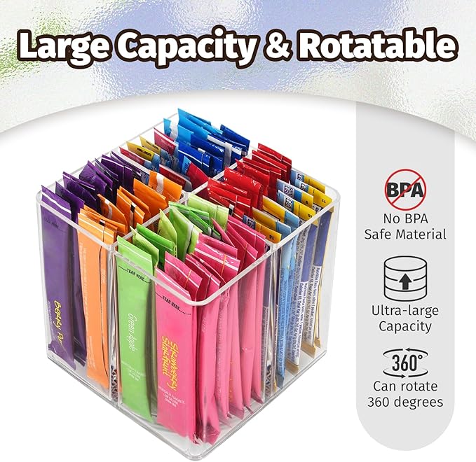 Drink Packet Organizer For Powdered Drink Mix,Powder Packet,Water Packet,Water Flavor Packet,Lazy Susan Organizer Rotating Holder for Drink Mix Necessities（Square）